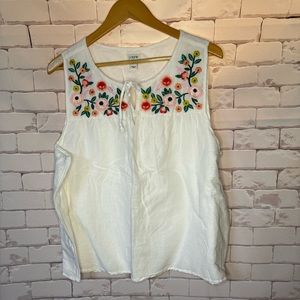 J Crew Factory, white sleeveless blouse, embroidered detail around neck
